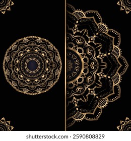 Intricate gold mandala design on a black background and detailed patterns