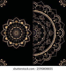 Intricate gold mandala design on a black background and detailed patterns