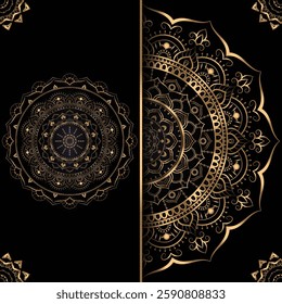 Intricate gold mandala design on a black background and detailed patterns