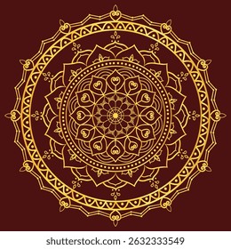An intricate gold mandala on a deep red background, featuring layered geometric patterns, floral motifs, and symmetrical designs that evoke spirituality, harmony, and cultural elegance.

