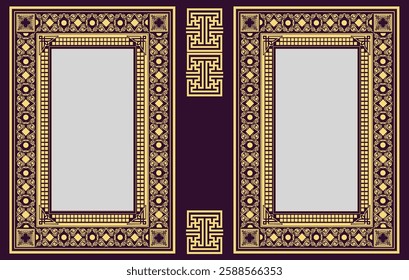 Intricate gold patterns frame a central space on a purple background. Hand drawn Illustration