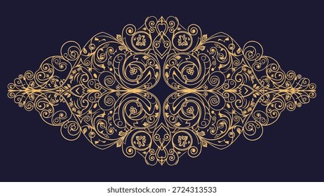 Intricate golden arabesque filigree pattern with swirling floral motifs and delicate leaf details on a deep navy blue backdrop. Perfect for decorative elements.