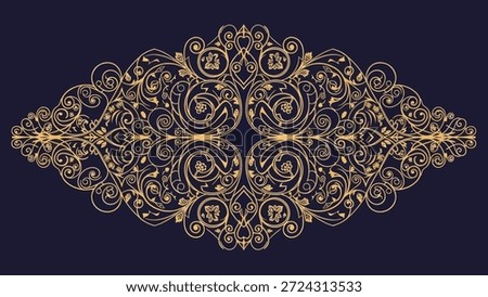 Intricate golden arabesque filigree pattern with swirling floral motifs and delicate leaf details on a deep navy blue backdrop. Perfect for decorative elements.