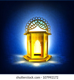 Intricate golden Arabic lamp with lights on creative blue background. EPS 10.