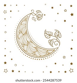 Intricate golden crescent moon illustration. Ethnic style vector graphic. Perfect for temporary tattoo or astrology creative projects design.