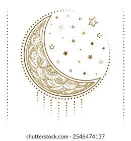 Intricate golden crescent moon illustration. Ethnic style vector graphic. Perfect for temporary tattoo or astrology creative projects design.