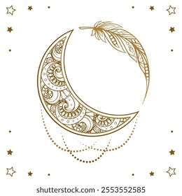 Intricate golden crescent moon illustration. Ethnic style vector graphic. Perfect for temporary tattoo or astrology creative projects design.