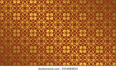 Intricate golden floral pattern on a rich red background, creating a luxurious and elegant design. Seamless vector pattern with intricate floral motifs, perfect for backgrounds.