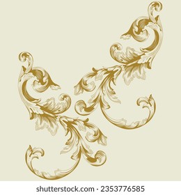A intricate golden floral swirl design on a pristine white background