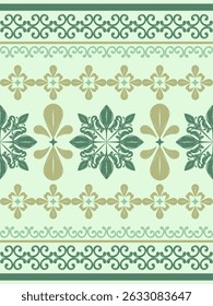 Intricate Golden And Green Scroll Ornament Luxury Oriental Design Striped Border Pattern. Delicate Design for expensive Rich Motif Decoration as Wallpaper Batik Fabrics Textiles Invitation Frame Scarf