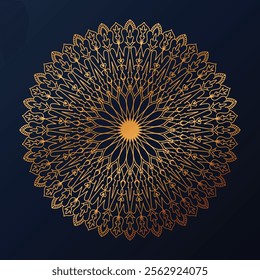 Intricate golden mandala, dark navy background, radial symmetry, ornate floral patterns, delicate linework, sacred geometry, circular design, golden filigree, detailed illustration, metallic sheen, sp