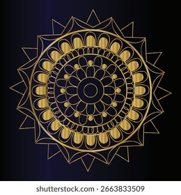 Intricate golden mandala with geometric patterns and floral motifs on a dark, gradient background, radiating a sense of spiritual harmony.