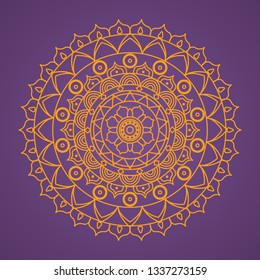 Intricate golden mandala on purple background