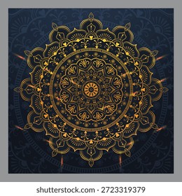 Patrón de mandala dorado intrincado sobre un fondo azul oscuro