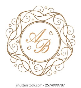 Intricate golden round vintage style monogram with two initials. Wedding or corporate identity element template.