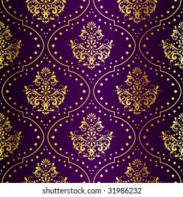 Intricate Gold-on-Purple seamless sari pattern (vector); a JPG version is also available