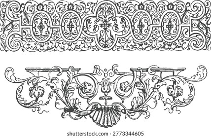 Intricate Gothic Border Frame, Antique Medieval Vector Ornament, Isolated Line Art