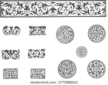 Intricate Gothic Border Frame, Antique Medieval Vector Ornament, Isolated Line Art