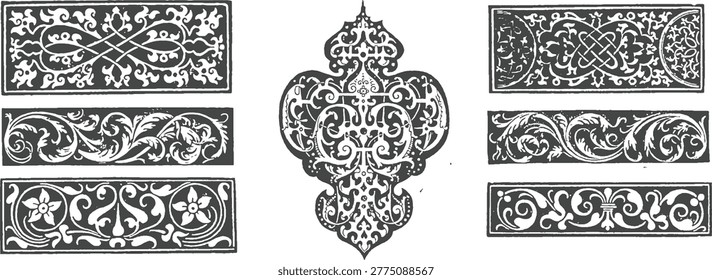 Intricate Gothic Border Frame, Antique Medieval Vector Ornament, Isolated Line Art