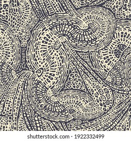 Intricate graphic complex compozition with swirling dotted lines and spots. Vector seamless pattern for textile printing or for surface decoration. 