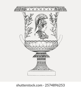 Intricate Grecian urn with classical design. Features a detailed helmeted figure. Grecian urn showcases ancient art, classical style, and intricate patterns. Vintage home decor illustration, vector.