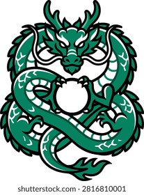 Intricate green dragon illustration coiling around a circular object, symbolizing power and mystique