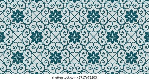 Intricate green floral pattern on a white background with repeating geometric shapes and swirling designs