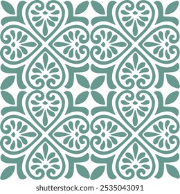 Intricate green and white geometric floral tile pattern with symmetric motifs, perfect for ceramic tiles, textiles, or surface design applications with a classic touch.