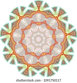Intricate guilloche papyrus fan rosette with earth tone color palette including green, yellow and red.