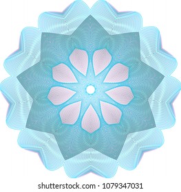 Intricate guilloche wheel rosette with multiple layers of light blue, lavender, teal and black dolors with reflective moire effect.