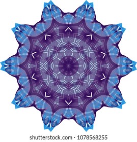 Intricate guilloche wheel rosette with pattern inspired by madras design with a dark and light blue palette.