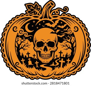 Intricate halloween vector illustration featuring a carved pumpkin with a skull inside a spooky graveyard scene under a crescent moon