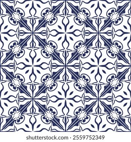 Intricate Hand Drawn Azulejos Ceramic Tiles Collection Traditional Blue Floral Geometric Patterns with Seamless Vectors for Timeless, Unique and Elegant Decorative Backgrounds.
