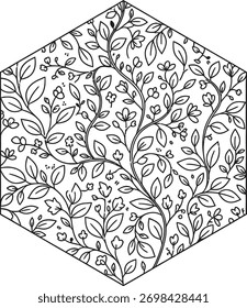 Padrão floral hexagonal desenhado à mão intrincado com ramos delicados e folhas em estilo de contorno preto e branco