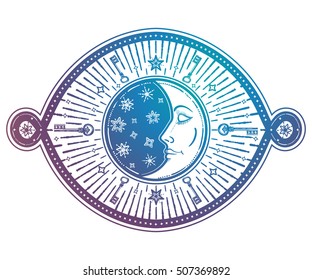 Intricate hand drawn ornate crescent moon with stars and clouds. Isolated Vector illustration.Tattoo art, astrology, spirituality, alchemy, magic symbol. Ethnic, mystic tribal element for your use.
