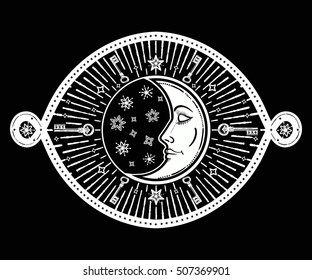 Intricate hand drawn ornate crescent moon with stars and clouds. Isolated Vector illustration.Tattoo art, astrology, spirituality, alchemy, magic symbol. Ethnic, mystic tribal element for your use.
