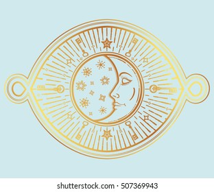 Intricate hand drawn ornate crescent moon with stars and clouds. Isolated Vector illustration.Tattoo art, astrology, spirituality, alchemy, magic symbol. Ethnic, mystic tribal element for your use.
