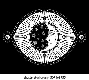 Intricate hand drawn ornate crescent moon with stars and clouds. Isolated Vector illustration.Tattoo art, astrology, spirituality, alchemy, magic symbol. Ethnic, mystic tribal element for your use.
