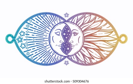 Intricate hand drawn ornate crescent moon and sun with stars and clouds. Isolated Vector illustration.Tattoo art, astrology, spirituality, alchemy, magic symbol. Mystic tribal 
element for your use.