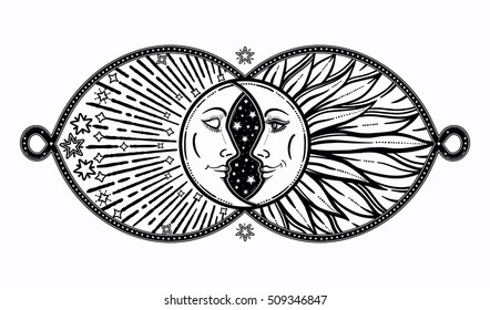 Intricate hand drawn ornate crescent moon with sun and stars and clouds. Isolated Vector illustration.Tattoo art, astrology, spirituality, alchemy, magic symbol.Mystic tribal element for your use.
