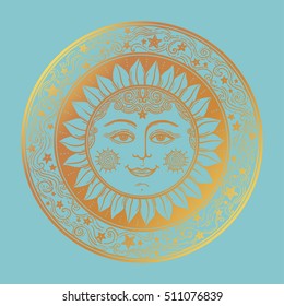 Intricate hand drawn ornate sun with stars. Isolated Vector illustration.Tattoo art, astrology, spirituality, alchemy, magic symbol. Ethnic, mystic tribal element for your use.