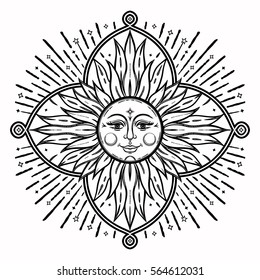 Intricate hand drawn ornate sun with rays. Isolated Vector illustration.Tattoo art, astrology, spirituality, alchemy, magic symbol. Ethnic, mystic tribal element for your use.
