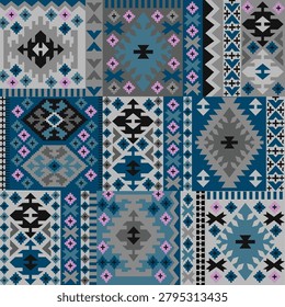 Intricate handcrafted tile mosaic featuring repeating geometric star and floral motifs in vibrant blue, purple, and black hues.