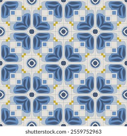 Intricate Hand-Drawn Azulejos Tiles Featuring Traditional Blue Floral Geometric Patterns in Seamless Vectors for Timeless, Elegant, and Unique Decorative Backgrounds.