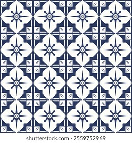 Intricate Hand-Drawn Azulejos Tiles Featuring Traditional Blue Floral Geometric Patterns in Seamless Vectors for Timeless, Elegant, and Unique Decorative Backgrounds.