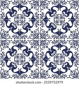 Intricate Hand-Drawn Azulejos Tiles Featuring Traditional Blue Floral Geometric Patterns in Seamless Vectors for Timeless, Elegant, and Unique Decorative Backgrounds.