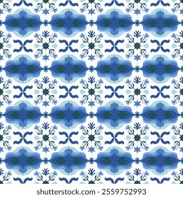 Intricate Hand-Drawn Azulejos Tiles Featuring Traditional Blue Floral Geometric Patterns in Seamless Vectors for Timeless, Elegant, and Unique Decorative Backgrounds.