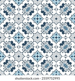 Intricate Hand-Drawn Azulejos Tiles Featuring Traditional Blue Floral Geometric Patterns in Seamless Vectors for Timeless, Elegant, and Unique Decorative Backgrounds.