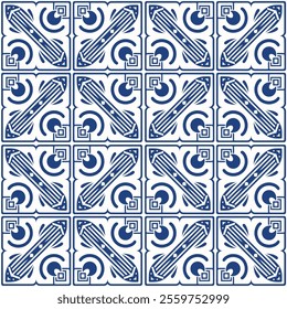 Intricate Hand-Drawn Azulejos Tiles Featuring Traditional Blue Floral Geometric Patterns in Seamless Vectors for Timeless, Elegant, and Unique Decorative Backgrounds.