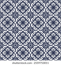 Intricate Hand-Drawn Azulejos Tiles Featuring Traditional Blue Floral Geometric Patterns in Seamless Vectors for Timeless, Elegant, and Unique Decorative Backgrounds.